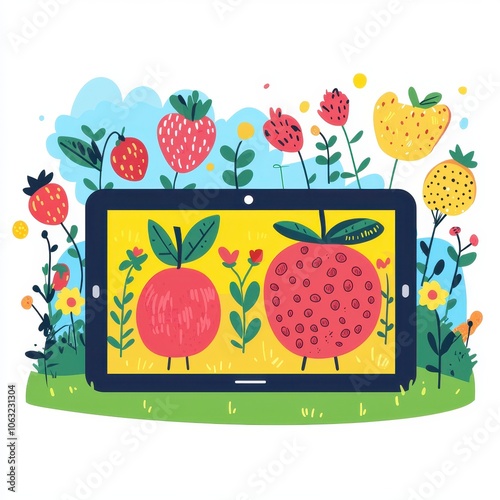 Colorful Illustration of Tablet with Fruit and Flowers