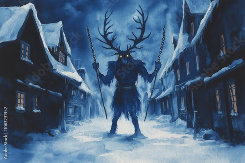 Watercolor painting of krampus walking in a snowy village holding chains