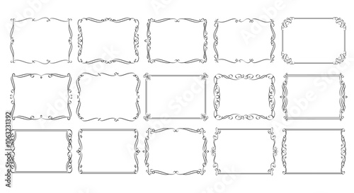 Vintage rectangular frame borders set. Outline hand drawn flourish boarder line icons, decorative classic vignette of rectangle and square shape. Ornate filigree frames collection vector illustration