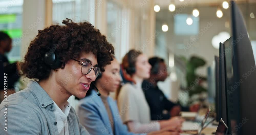 Call center, headset and businessman with computer for discussion, support and telemarketing in office. Coworking, advisor and help with mic for talking, customer service and lead generation at night Call center, headset and businessman with computer for discussion, support and telemarketing in office. Coworking, advisor and help with mic for talking, customer service and lead generation at night