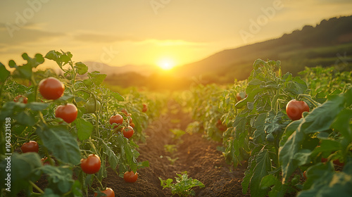 A breathtaking photography capturing a thriving vegetable garden at peak harvest, with rows of tomatoes, peppers, and leafy greens filling the frame, bathed in the warm glow of the setting sun.