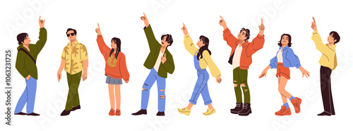 Persons watching up. Raised hand fingers. Woman and man characters showing arm to sky. Excited young girl. Standing joyful guy. Positive emotion gestures. Vector people joy expressions set