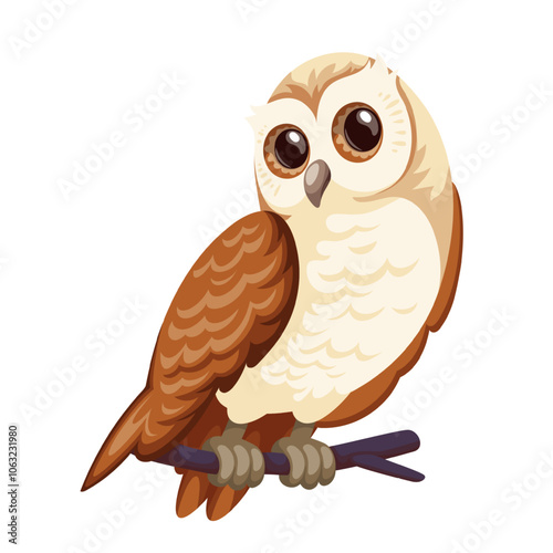 Cute cartoon barn owl perching. Funny adorable cheerful bird sitting on tree branch, watching with big eyes. Ornithology, woodland mascot, cartoon little baby owl in nature vector illustration