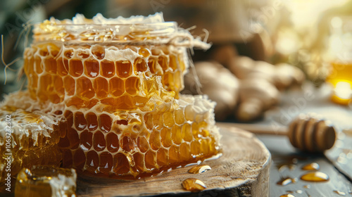 Golden honeycomb stacked beside a jar of honey on a rustic wooden table filled with natural light