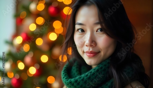 Asian woman wearing a green scarf surrounded by gold and red Christmas decor for copy space