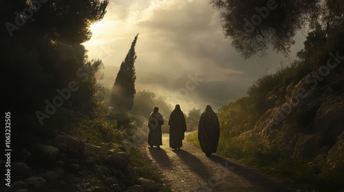 dramatic scene of the disciples on the road to Emmaus, where they recognize Jesus in the breaking of bread after his resurrection