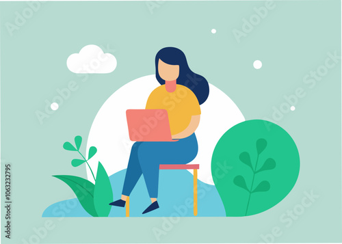 Girl seated on a chair with her laptop, surrounded by a minimalist landscape background vector illustration