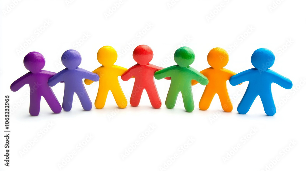 Colorful figures standing together in a harmonious arrangement on a white background, symbolizing unity and collaboration among diverse groups Colorful figures standing together in a harmonious arrangement on a white background, symbolizing unity and collaboration among diverse groups