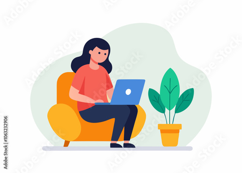 Girl seated on a chair with her laptop, surrounded by a minimalist landscape background vector illustration