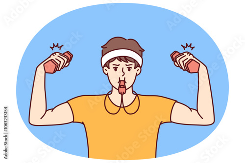 Funny fitness trainer with dumbbells uses whistle to cheer up trainees from gym or sports club. Thin man in fitness clothes does exercises to build biceps on his arms and muscles on his body