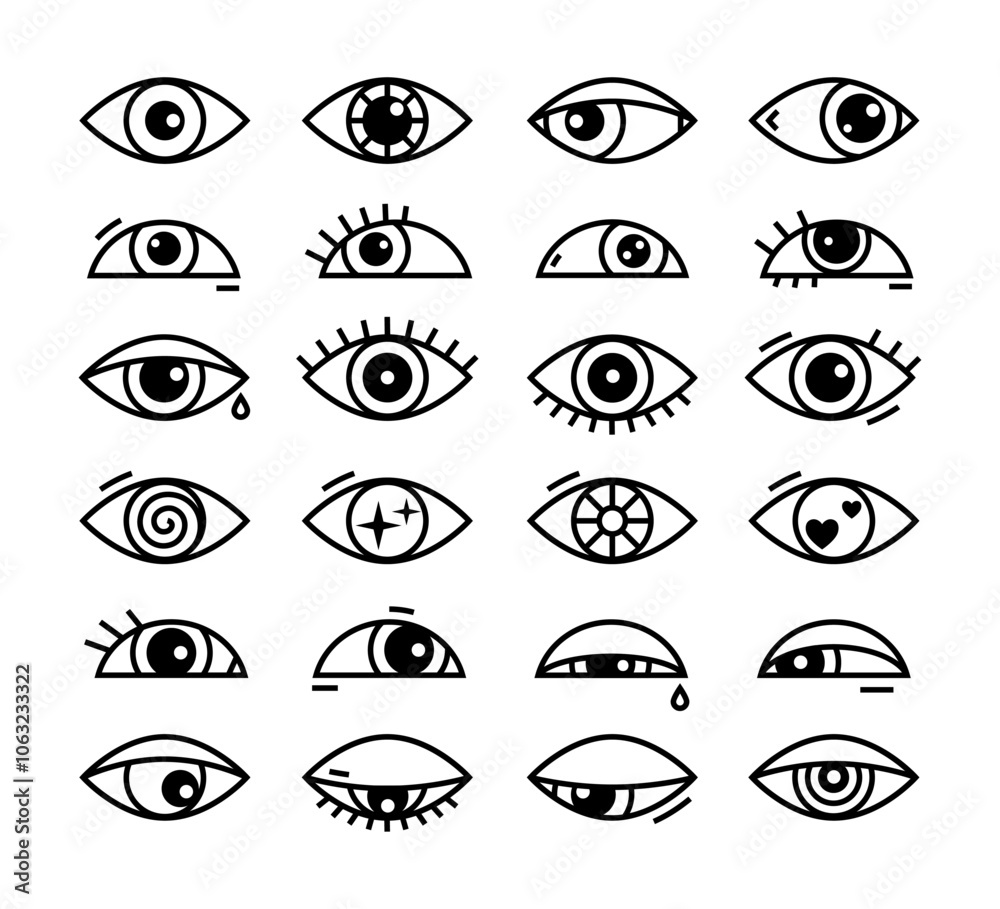 Eye icon. Close, open silhouette with abstract line shape, eyeball and eyelash symbol. Simple black and white design for health, vision concept. Ophthalmologist symbol. Vector pictogram isolated set Eye icon. Close, open silhouette with abstract line shape, eyeball and eyelash symbol. Simple black and white design for health, vision concept. Ophthalmologist symbol. Vector pictogram isolated set
