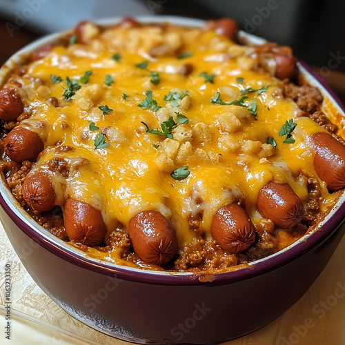 Delicious casserole with hot dogs, cheese, and herbs, perfect for gatherings. This hearty dish combines savory flavors and comforting texture, making it crowd pleaser photo