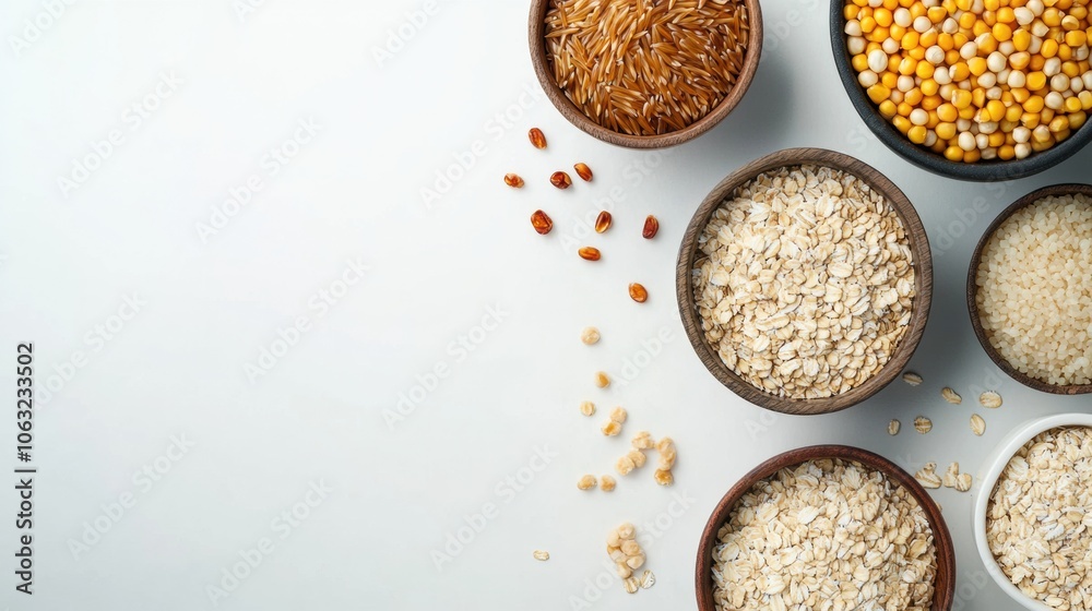 Various grains such as oats, rice, and corn are elegantly arranged in bowls against a clean white backdrop, enhancing culinary aesthetics. Generative AI Various grains such as oats, rice, and corn are elegantly arranged in bowls against a clean white backdrop, enhancing culinary aesthetics. Generative AI
