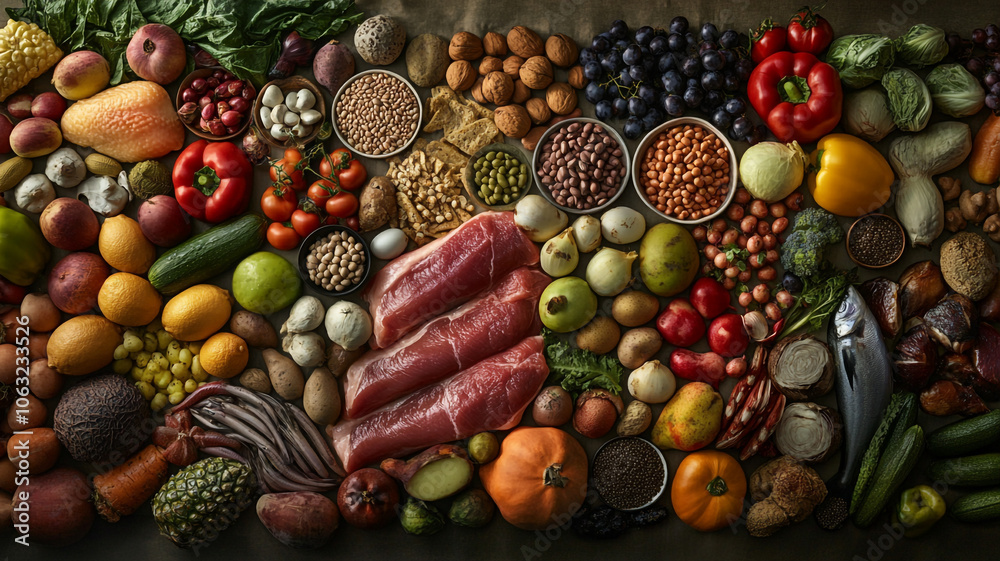 Fresh fruits, vegetables, and meats arranged beautifully on a rustic table in natural light
