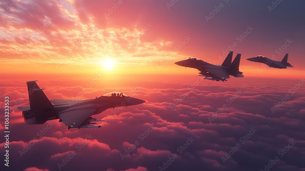 Three fighter jets fly in formation at sunset over a cloudy sky. Three fighter jets fly in formation at sunset over a cloudy sky.