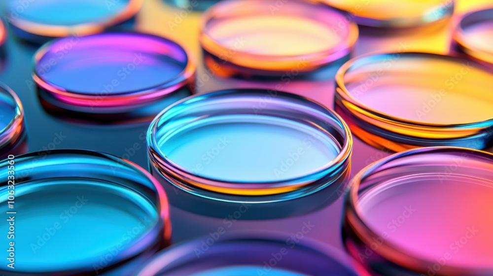 Glass disc shapes with colorful reflections composition. Glass disc shapes with colorful reflections composition.