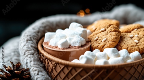 A cozy arrangement of cookies and marshmallows in a woven basket, perfect for a winter treat or holiday gathering.