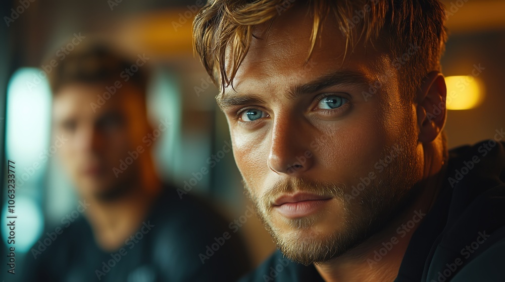 A personal trainer with striking blue eyes engages with clients, showcasing passion for fitness and dedication to helping others achieve their goals in a gym setting