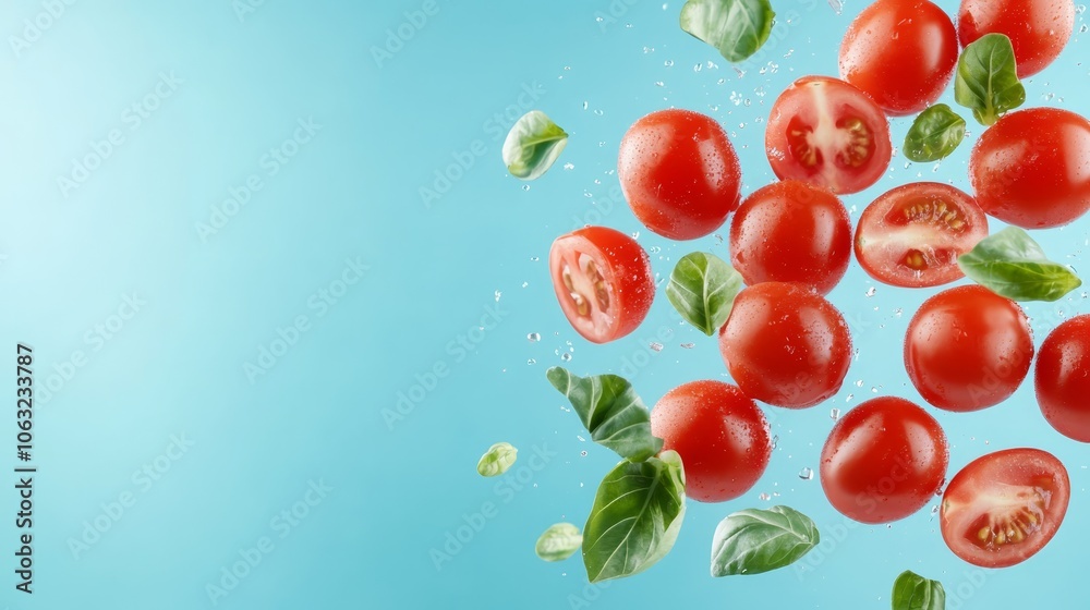 A burst of freshness, ripe red tomatoes dance in midair, showcasing the beauty of nature's bounty A burst of freshness, ripe red tomatoes dance in midair, showcasing the beauty of nature's bounty