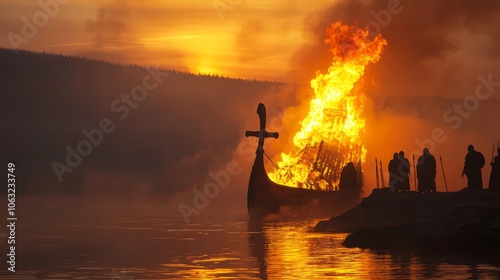 Majestic Viking Funeral Scene at Sunset with Burning Longship and Warriors Paying Tribute in Ultra-Detailed Photo