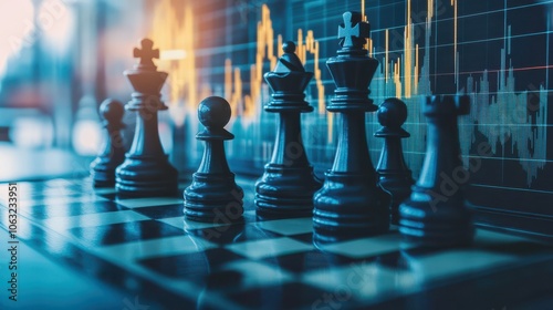 Chess board strategically placed on an office desk, with chess pieces symbolizing business moves against a backdrop of financial charts and graphs.