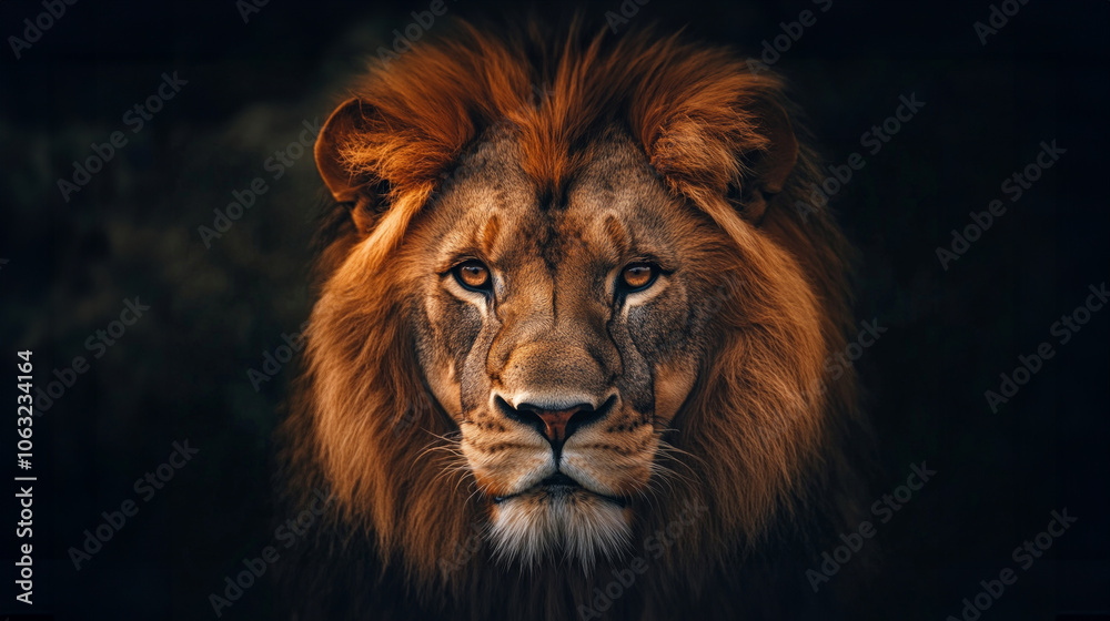 Majestic lion gazing intensely in the twilight, showcasing its powerful presence in the wilderness Majestic lion gazing intensely in the twilight, showcasing its powerful presence in the wilderness