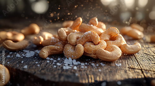 Crunchy, salted cashew nuts scattered on rustic wooden surface, glistening in soft light, creating warm and inviting atmosphere photo