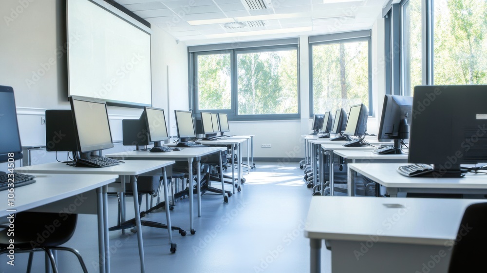 A well-equipped white classroom for digital learning, A well-equipped white classroom for digital learning,