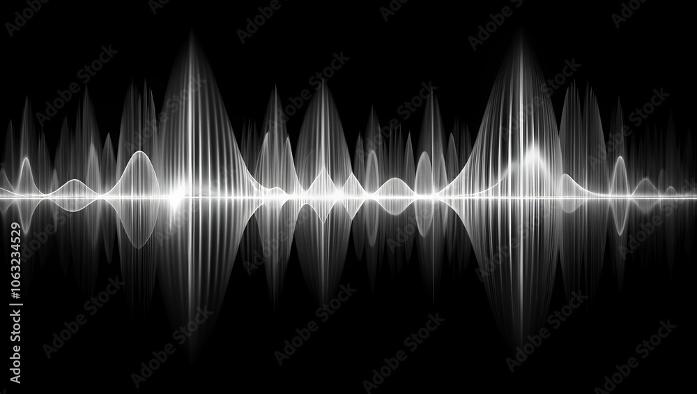A monochrome representation of sound waves, showcasing peaks and troughs that illustrate audio frequencies and amplitudes visually.