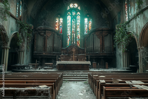 Abandoned church with broken stained glass and rotting pews