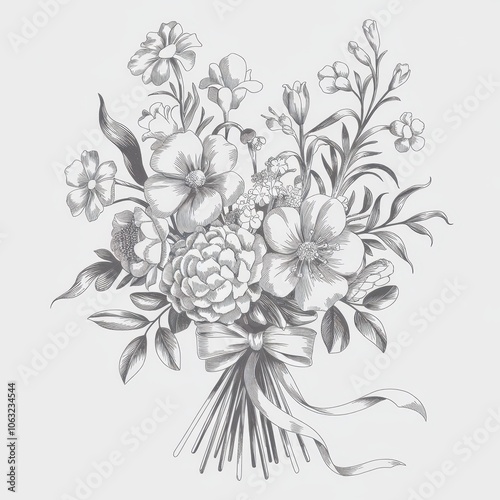 Elegant Monochromatic Floral Bouquet Illustration