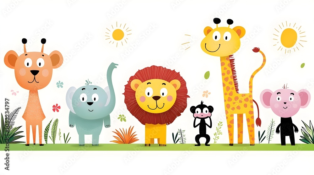 Naklejka premium Vibrant and Whimsical Cartoon of Playful Jungle Animals like Lion Elephant Giraffe and Monkey in a Cheerful Tropical Forest Landscape
