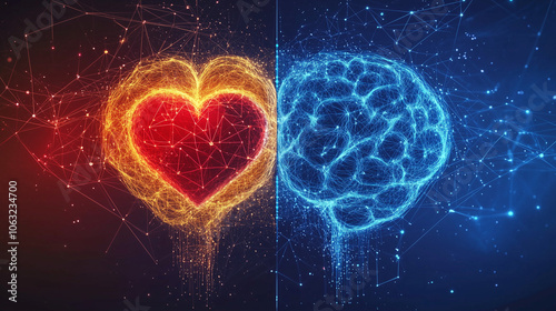 A split-screen illustration of a brain and a heart, highlighting the contrast between analytical and and emotional thinking, Generative AI