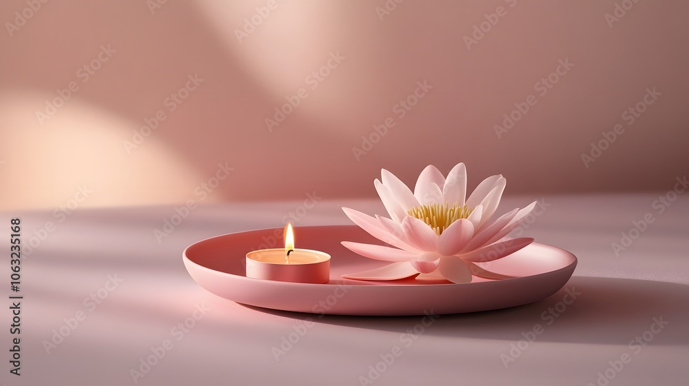 Pink Lotus Flower and Burning Candle on a Pink Plate