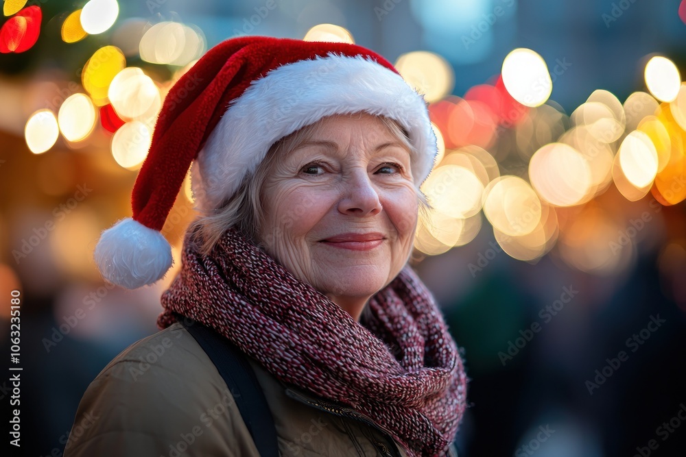 Smiling elderly woman wearing Santa hat in festive outdoor setting Generative AI Smiling elderly woman wearing Santa hat in festive outdoor setting Generative AI