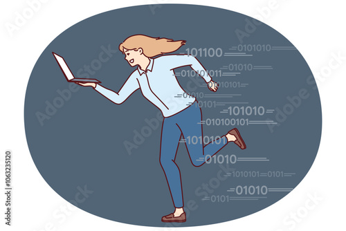 Running woman with laptop symbolizes ambition and pursuit of success in business and corporate careers. Businesswoman using laptop running symbolizing high speed 5g internet and fast job completion