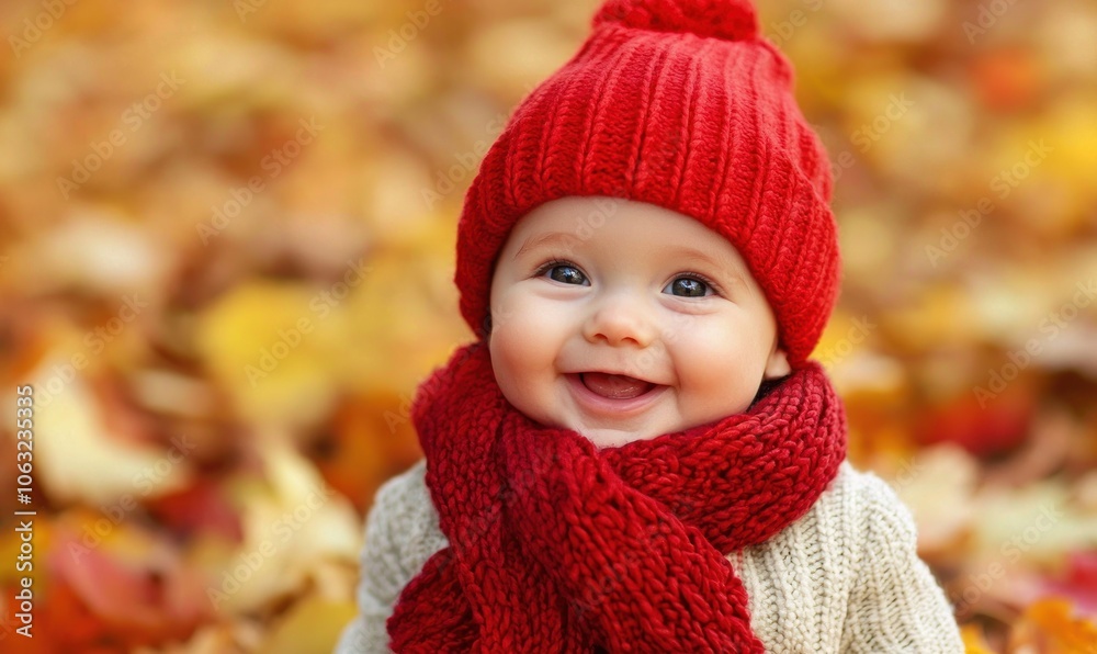 Happy baby in a red knit hat and scarf smiling while surrounded by autumn leaves Generative AI