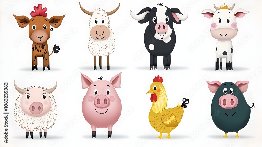 Friendly and Gentle Cartoon Farm Animals Including a Cow Sheep Pig and Chicken Gathered in a Colorful Barnyard Landscape Setting Friendly and Gentle Cartoon Farm Animals Including a Cow Sheep Pig and Chicken Gathered in a Colorful Barnyard Landscape Setting
