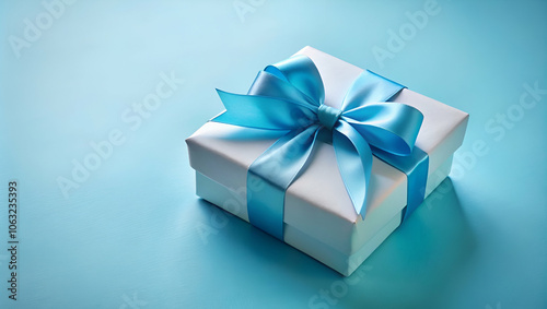 A beautifully wrapped gift box with a blue ribbon, set against a soft blue background, perfect for celebrations and special occasions.