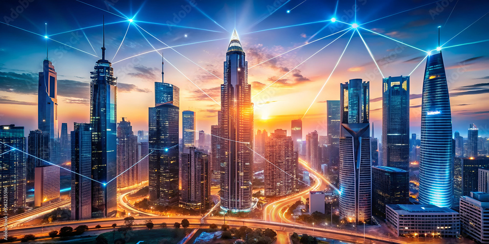 custom made wallpaper toronto digitalA futuristic urban skyline at sunset, featuring tall skyscrapers and illuminated connections, symbolizing technology and modernity.