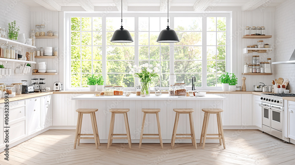 Bright and airy modern kitchen with large windows and minimalistic decor Bright and airy modern kitchen with large windows and minimalistic decor