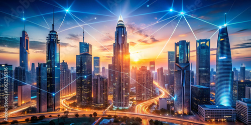 Wallpaper Mural A futuristic urban skyline at sunset, featuring tall skyscrapers and illuminated connections, symbolizing technology and modernity. Torontodigital.ca