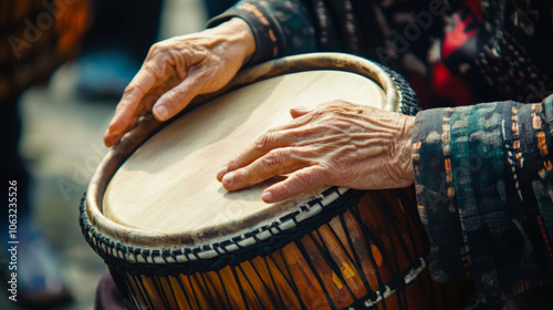 Hands create harmonious sounds on a traditional drum during a lively cultural gathering in the afternoon light