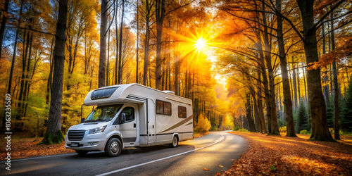 A scenic RV travels through a picturesque autumn forest bathed in warm sunlight, showcasing vibrant fall colors along the winding road.