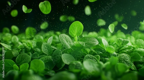 Closeup of vibrant green leaves adorned with sparkling water droplets after a refreshing rain