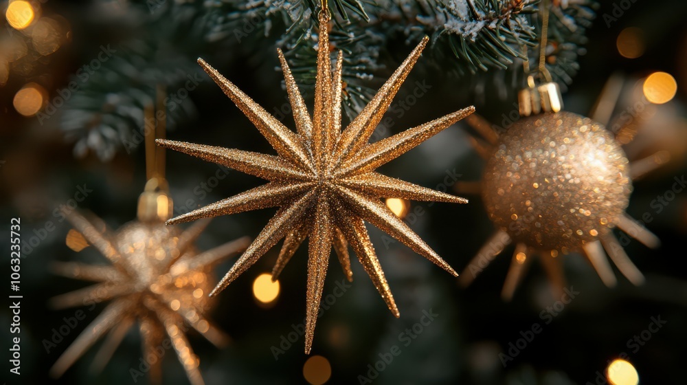 Golden starburst ornaments catching the light on a beautifully decorated Christmas tree, each starburst radiating with warmth and elegance. 4K hyperrealistic photo. Golden starburst ornaments catching the light on a beautifully decorated Christmas tree, each starburst radiating with warmth and elegance. 4K hyperrealistic photo.