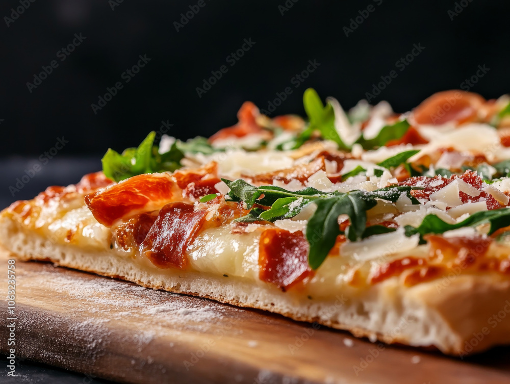 close up shot of gourmet pizza slice with crispy crust, topped with fresh arugula, shaved parmesan, and savory prosciutto, creating delicious and appetizing appearance. close up shot of gourmet pizza slice with crispy crust, topped with fresh arugula, shaved parmesan, and savory prosciutto, creating delicious and appetizing appearance.