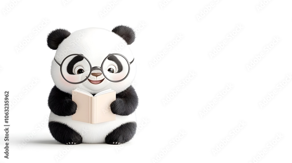 Adorable panda bear character wearing oversized glasses and holding a small book with a joyful playful expression conveying a sense of curiosity intelligence and enchantment Adorable panda bear character wearing oversized glasses and holding a small book with a joyful playful expression conveying a sense of curiosity intelligence and enchantment