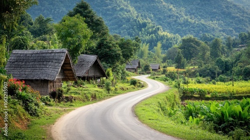 A winding road through a scenic Lao countryside,