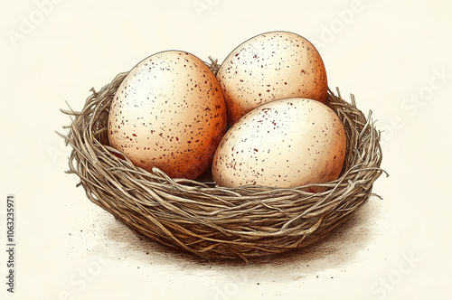 Nest with eggs, sketch. Vintage retro print, hand-drawn illustration nest, eggs, engraving, detailed drawing, eggs nest. Black ink, simple lines, sketch style, line art, graphic design. Illustration photo